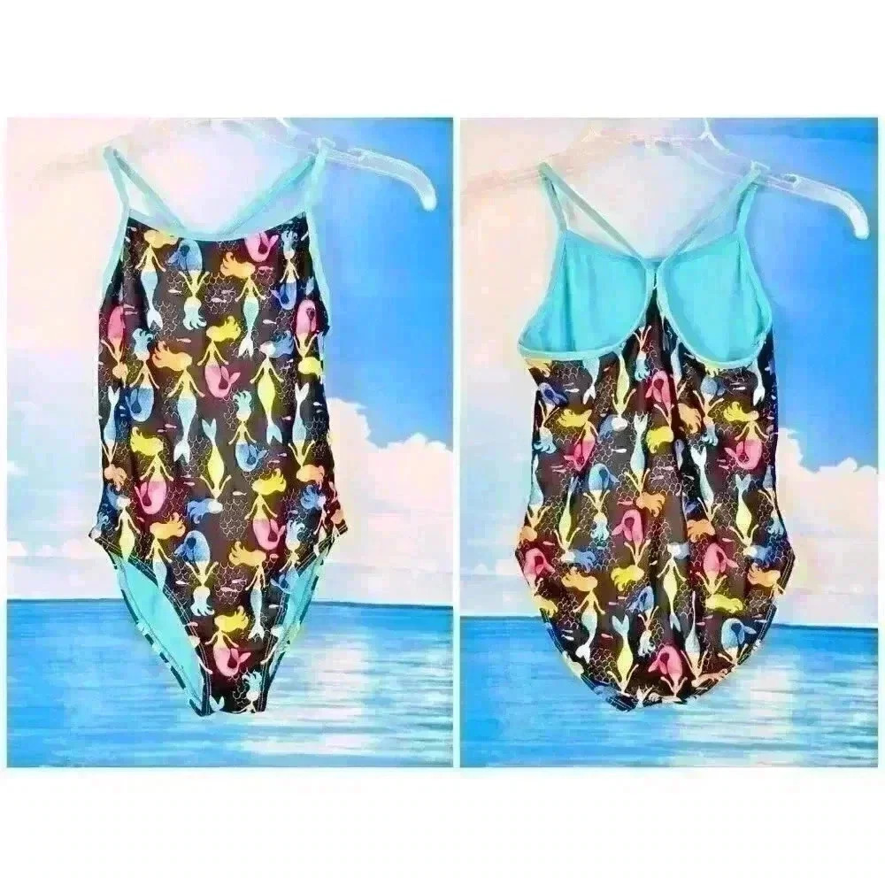 WONDER NATION Girl MERMAID Bathing Swim Suit BLACK One Piece LINED size Lg 10-12